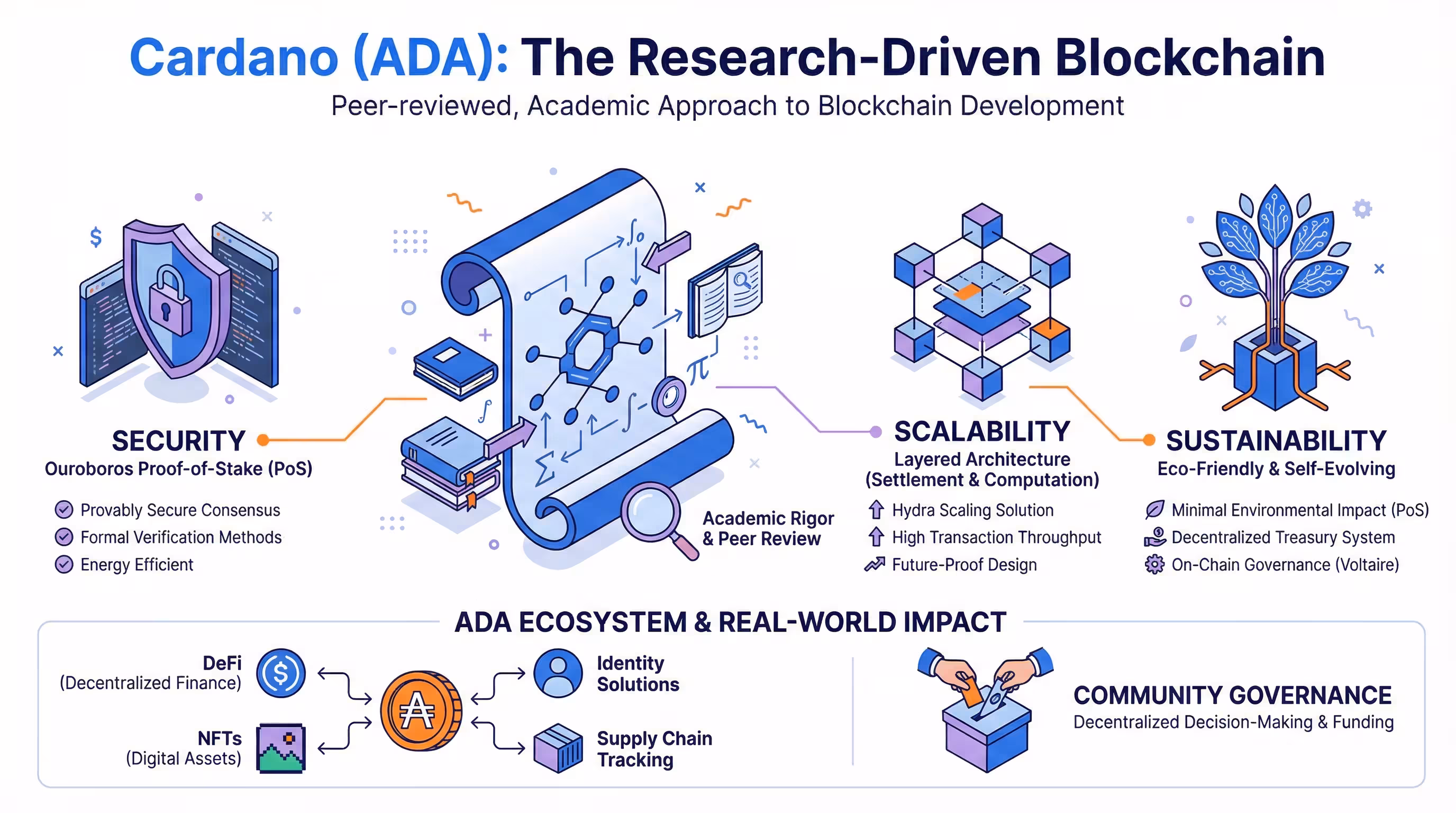 Infographic detailing Cardano's research-driven blockchain approach Infographic detailing the research-driven approach and architecture of the Cardano blockchain