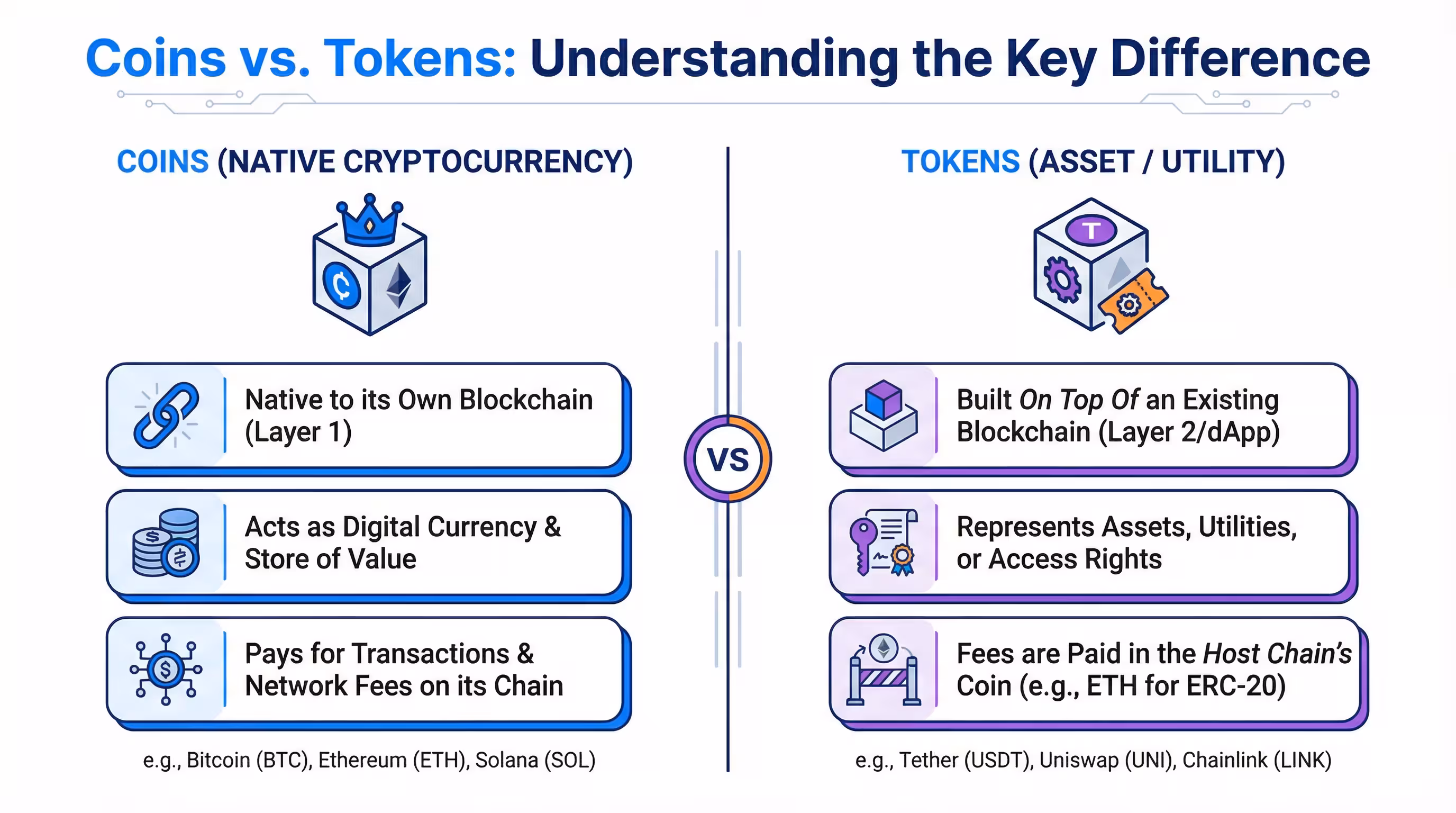 Infographic highlighting the key differences between cryptocurrency coins and tokens