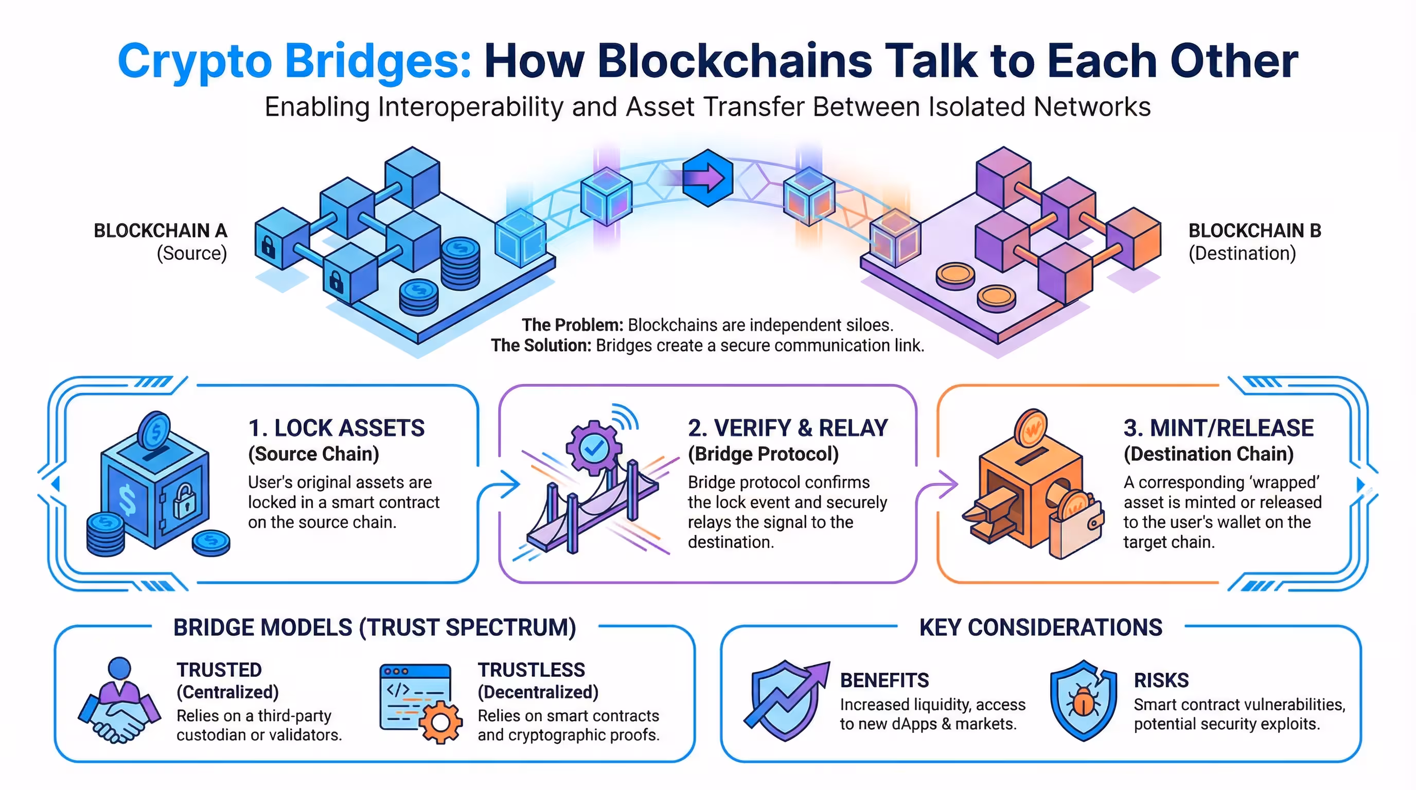 Understanding how crypto bridges enable blockchain interoperability Infographic illustrating how crypto bridges enable interoperability between different blockchains