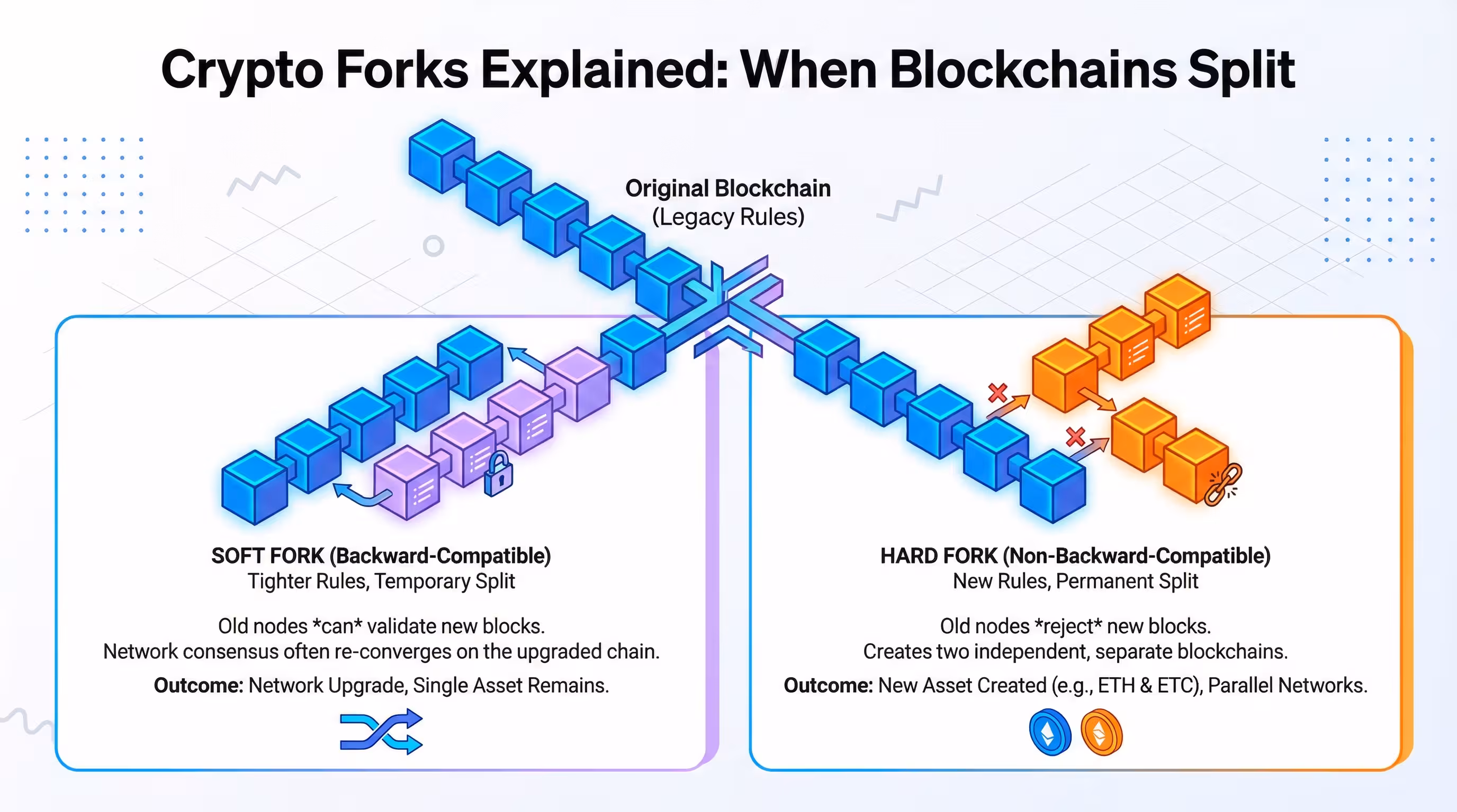 Infographic explaining why and how cryptocurrency blockchains split, known as forks