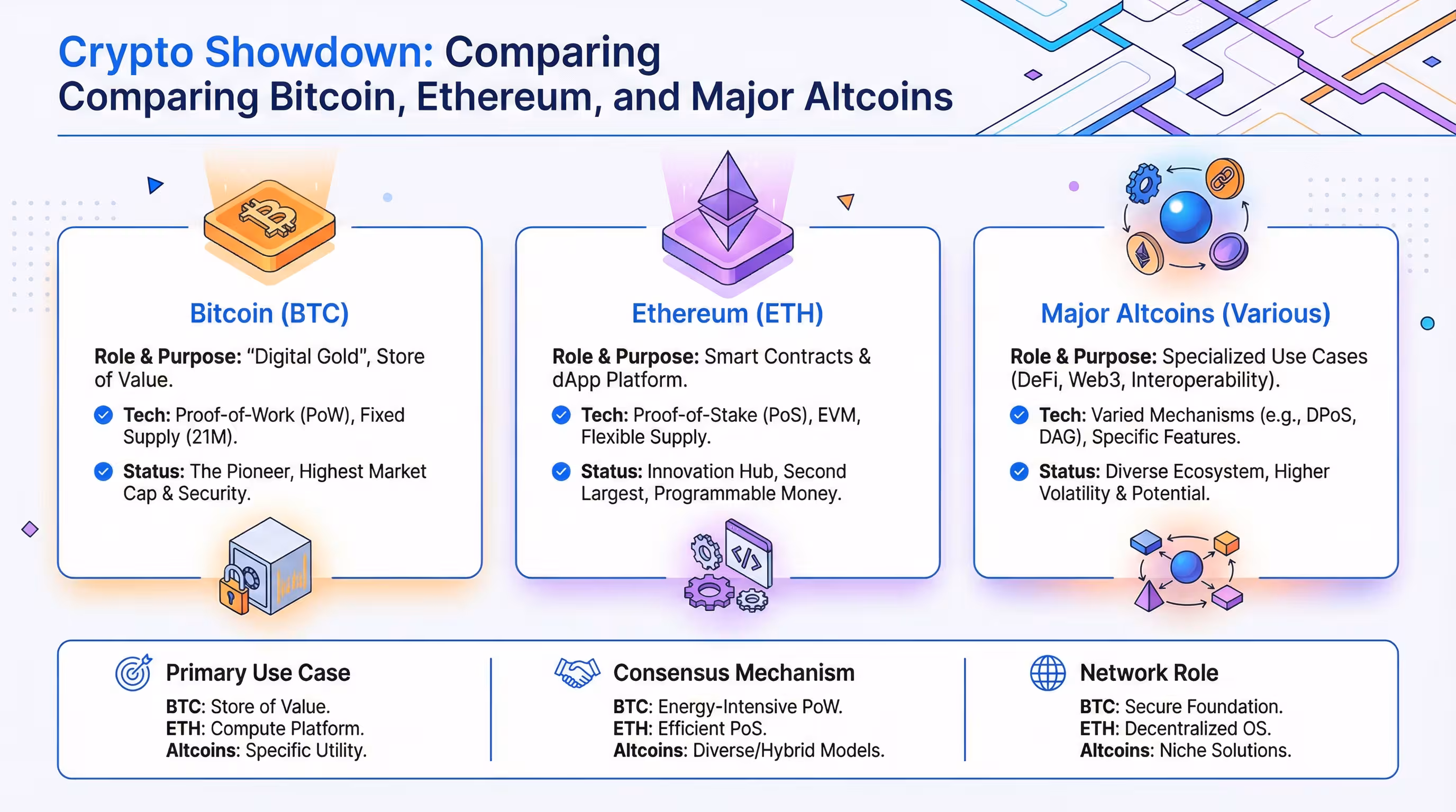 Side-by-side infographic comparison of Bitcoin, Ethereum, and major altcoins