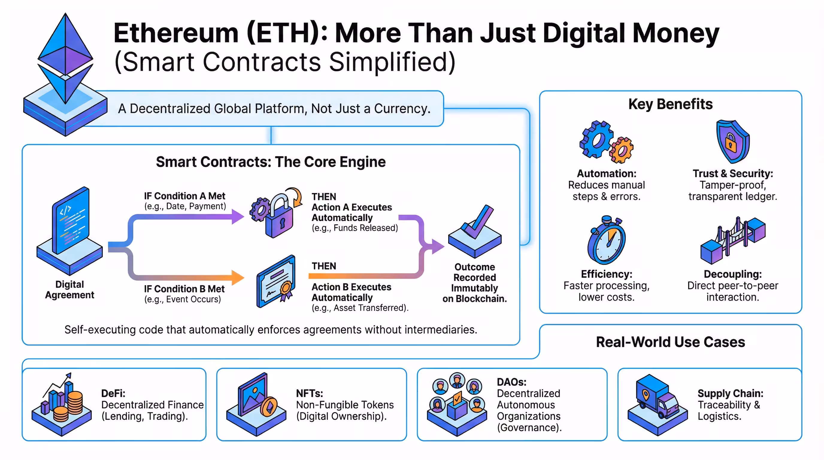 How Ethereum powers smart contracts and decentralized applications Infographic illustrating how Ethereum powers smart contracts and decentralized applications