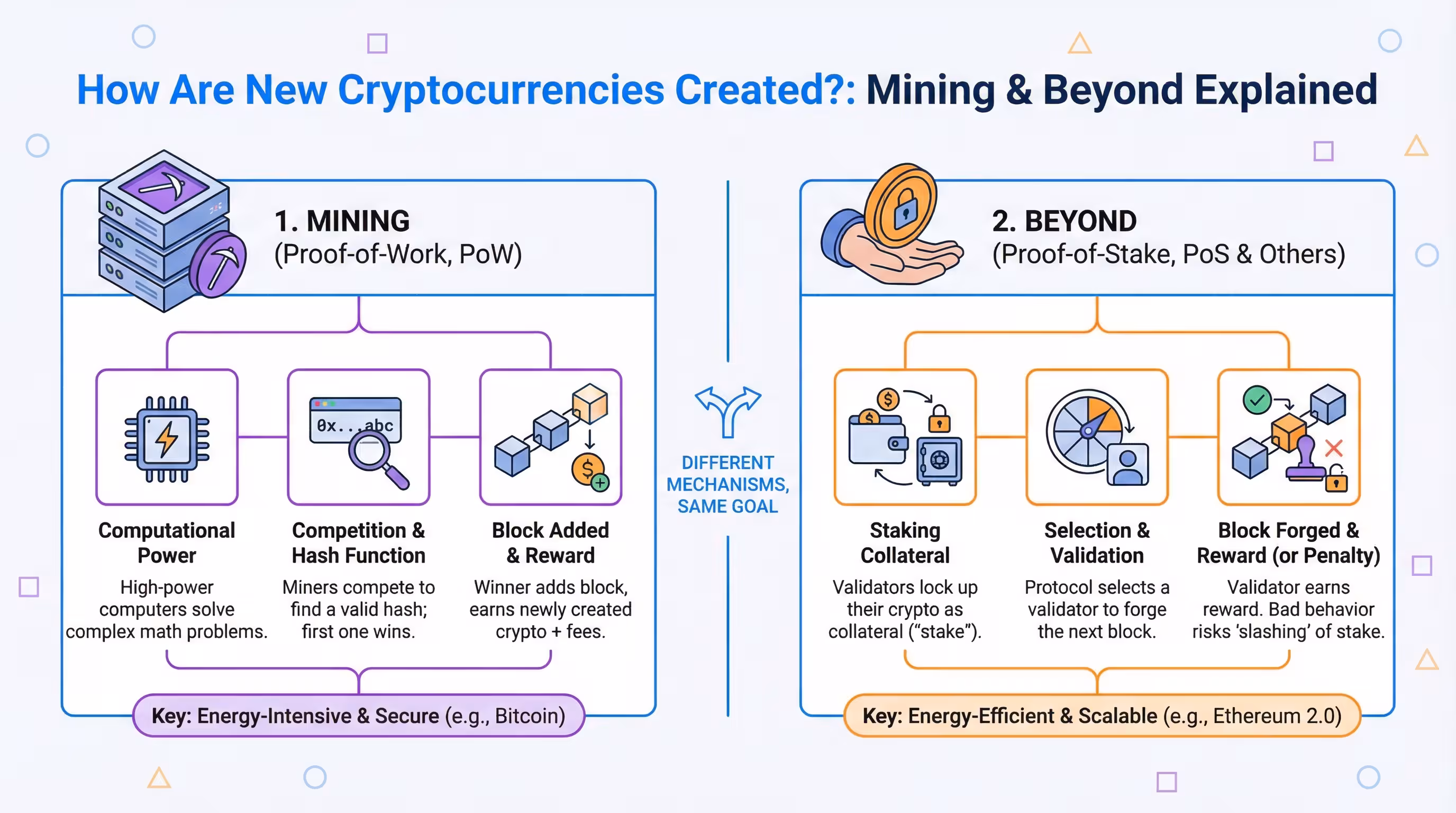 Visualizing the process of cryptocurrency creation through mining and staking Visual guide to the process of creating new cryptocurrencies through mining and other mechanisms