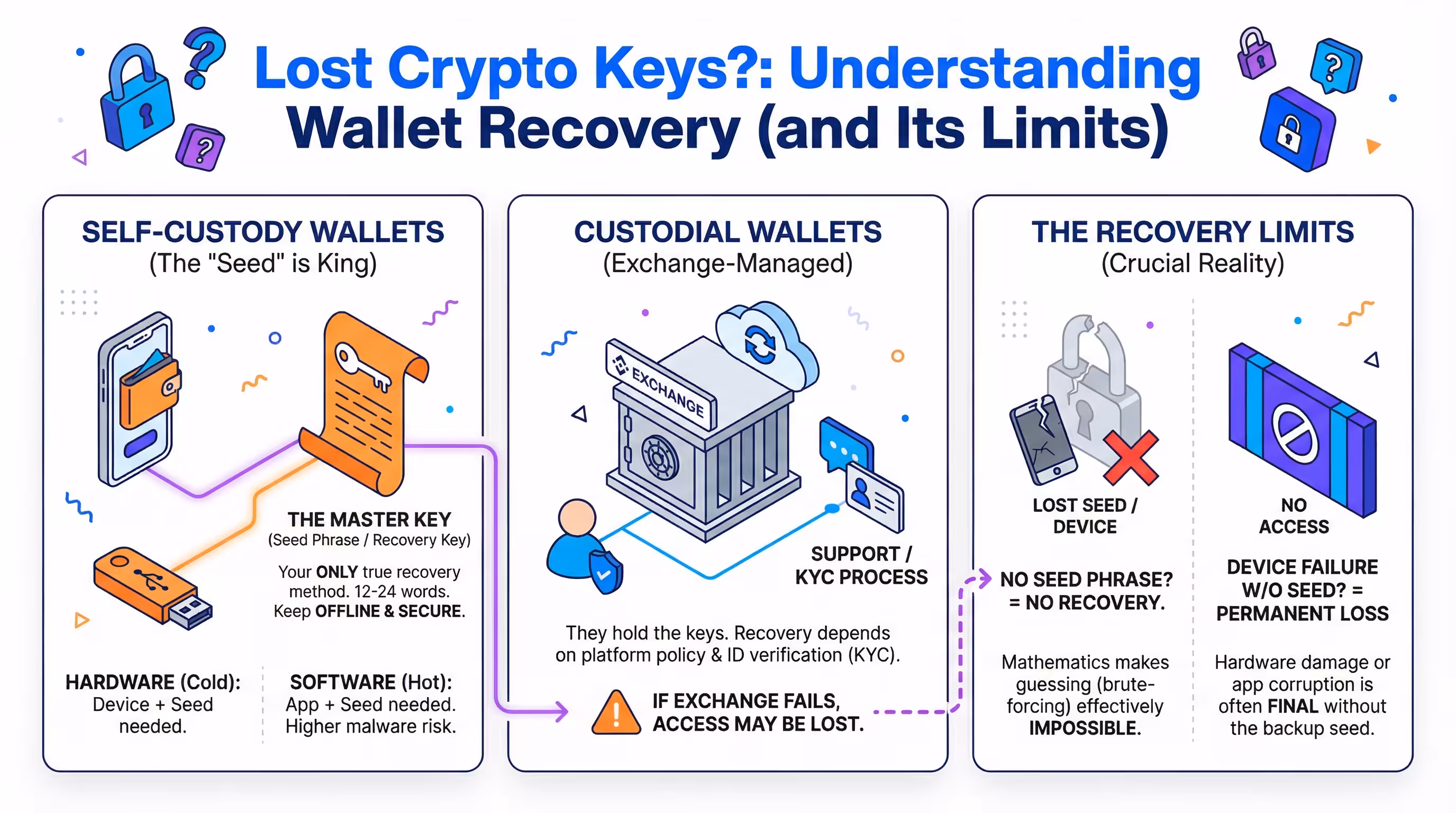 Infographic explaining crypto wallet recovery, keys, and seed phrases