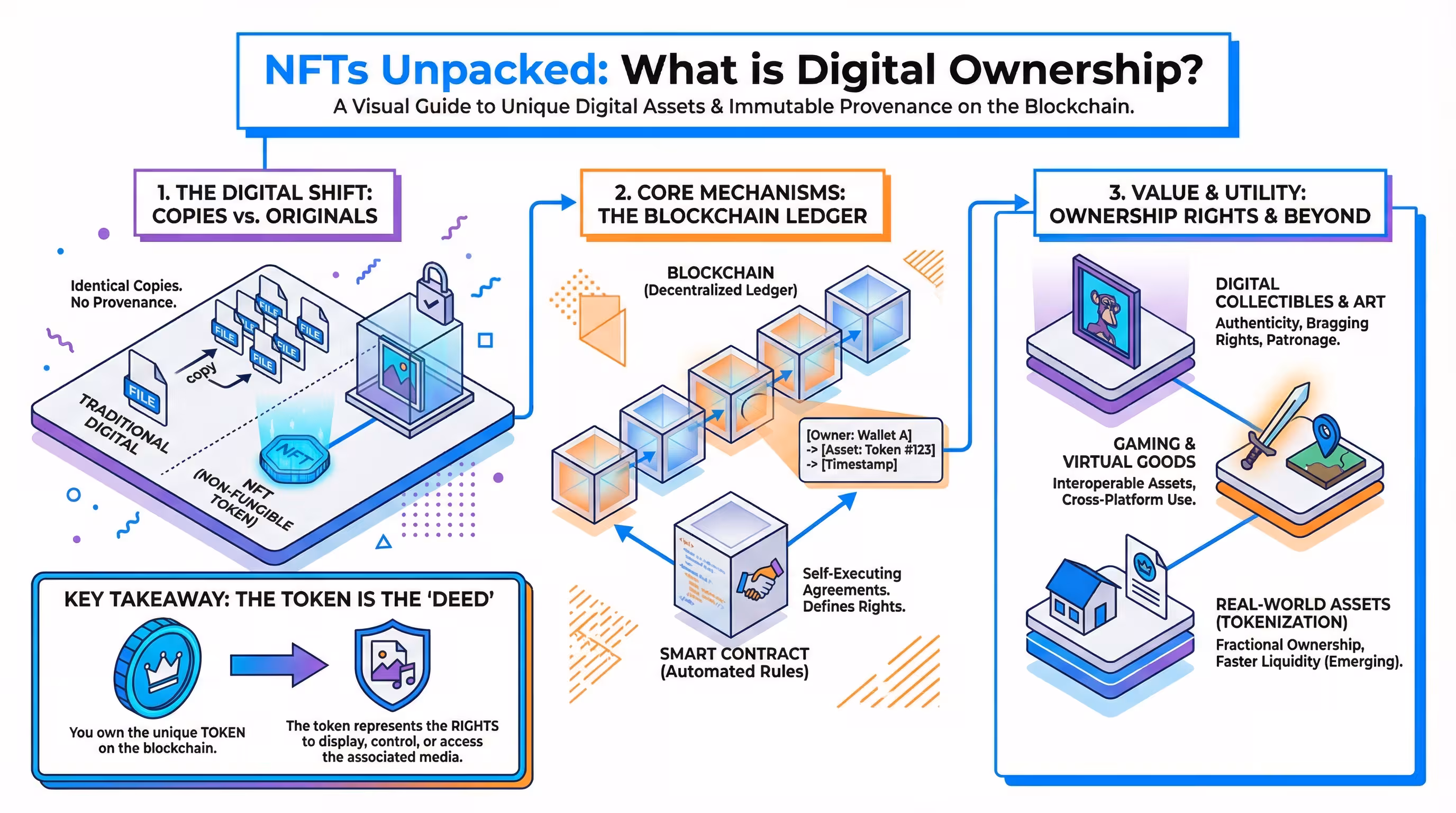 Demystifying Non-Fungible Tokens and digital ownership Infographic breaking down Non-Fungible Tokens (NFTs) and the concept of digital ownership