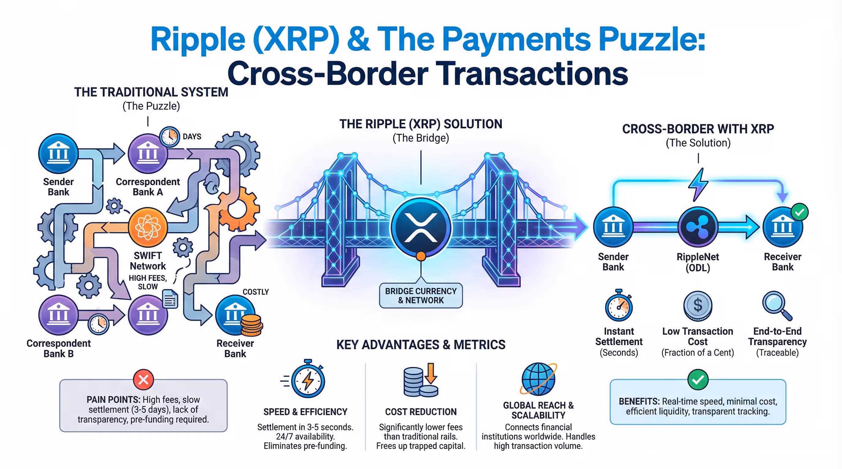 Infographic explaining Ripple’s role in cross-border payments and the XRP cryptocurrency