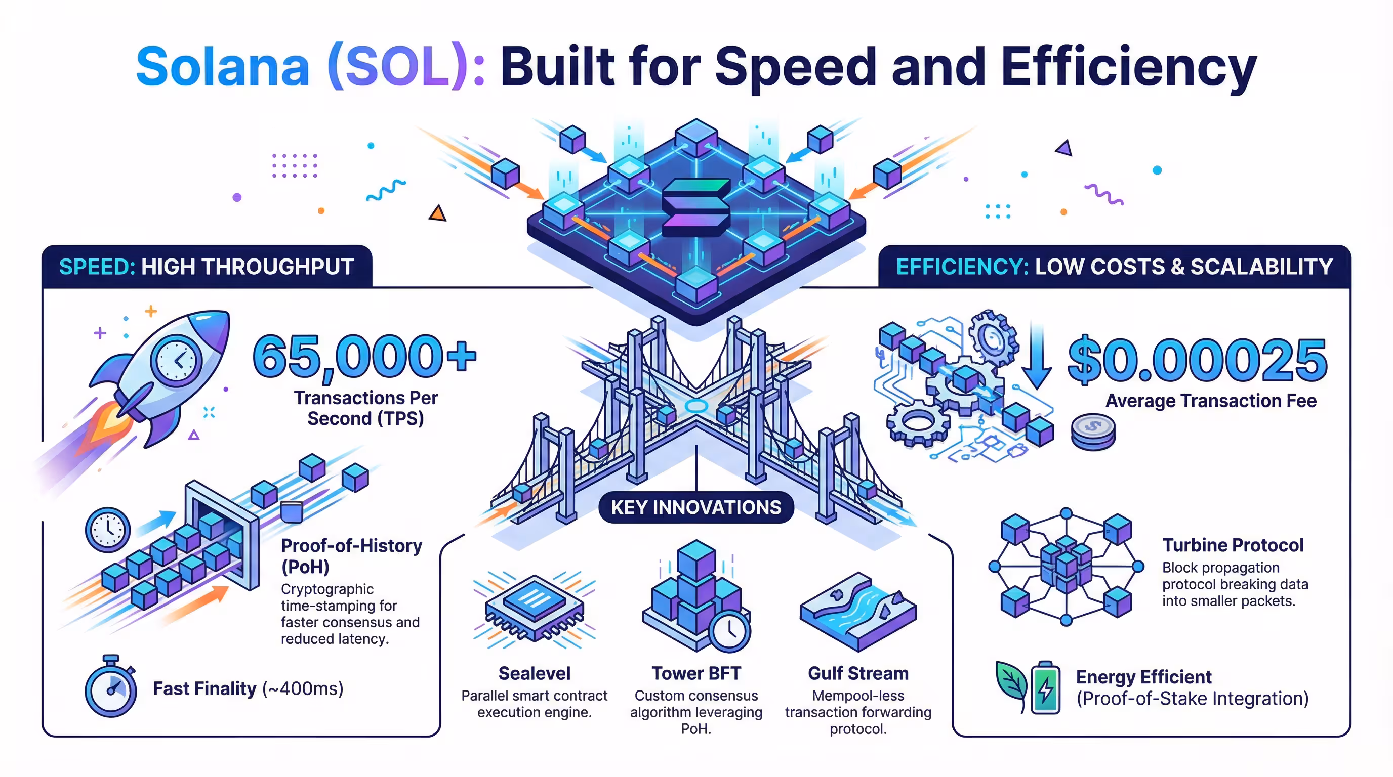 Solana: High-speed blockchain built for efficiency and scale Infographic highlighting Solana’s high-speed and efficient blockchain architecture