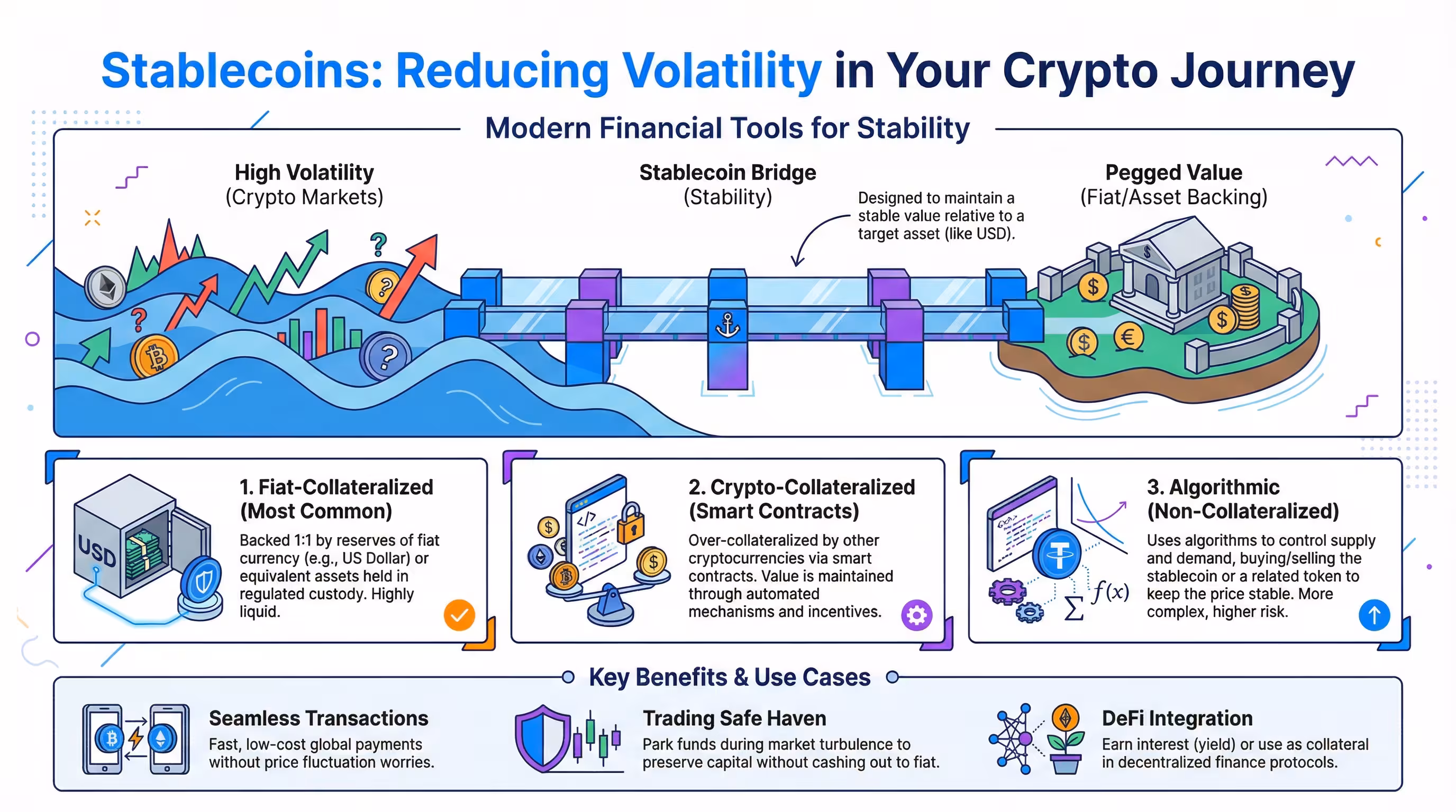 Stablecoins explained: How they reduce volatility in crypto Infographic explaining specific stablecoins and how they reduce volatility in the crypto market