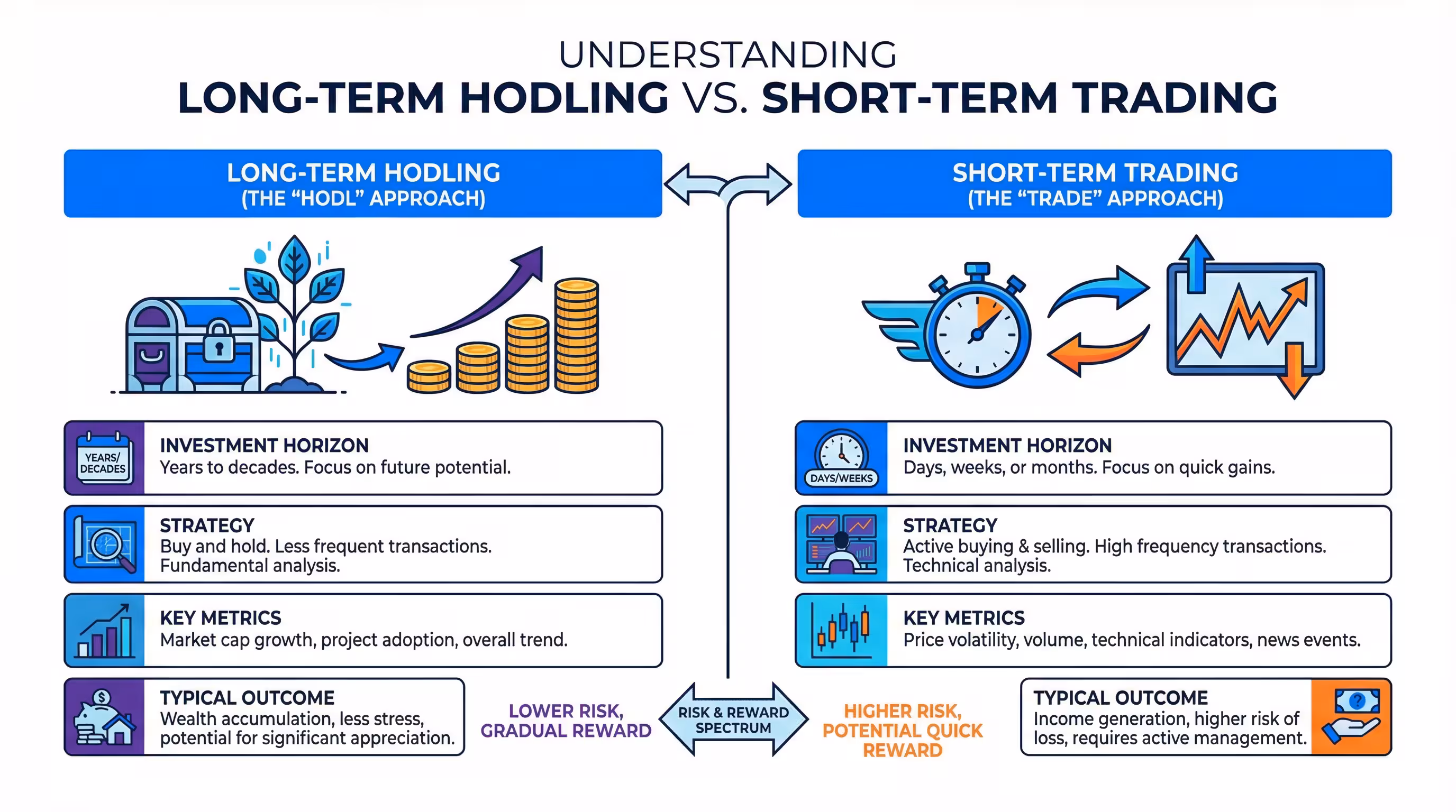 Strategy Showdown: Long-term HODLing vs. Short-term Trading Infographic comparing long-term HODLing vs. short-term trading