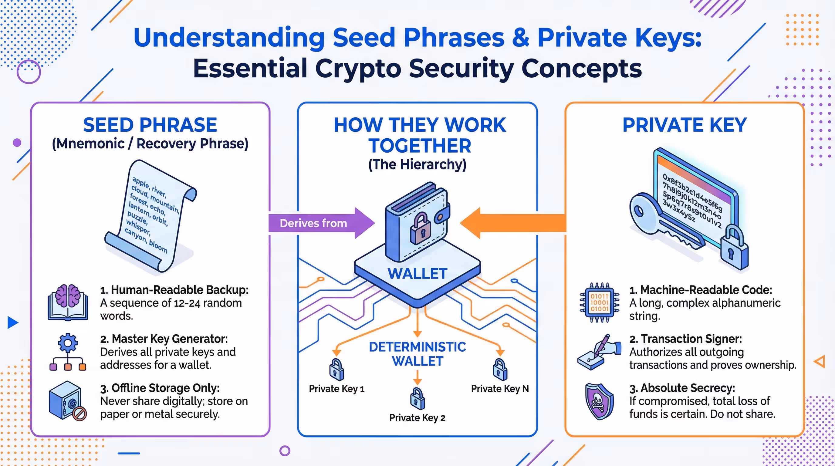 Private Keys & Seed Phrases: The keys to your crypto kingdom explained Visual explanation of the relationship between private keys, simple seed phrases, and crypto security