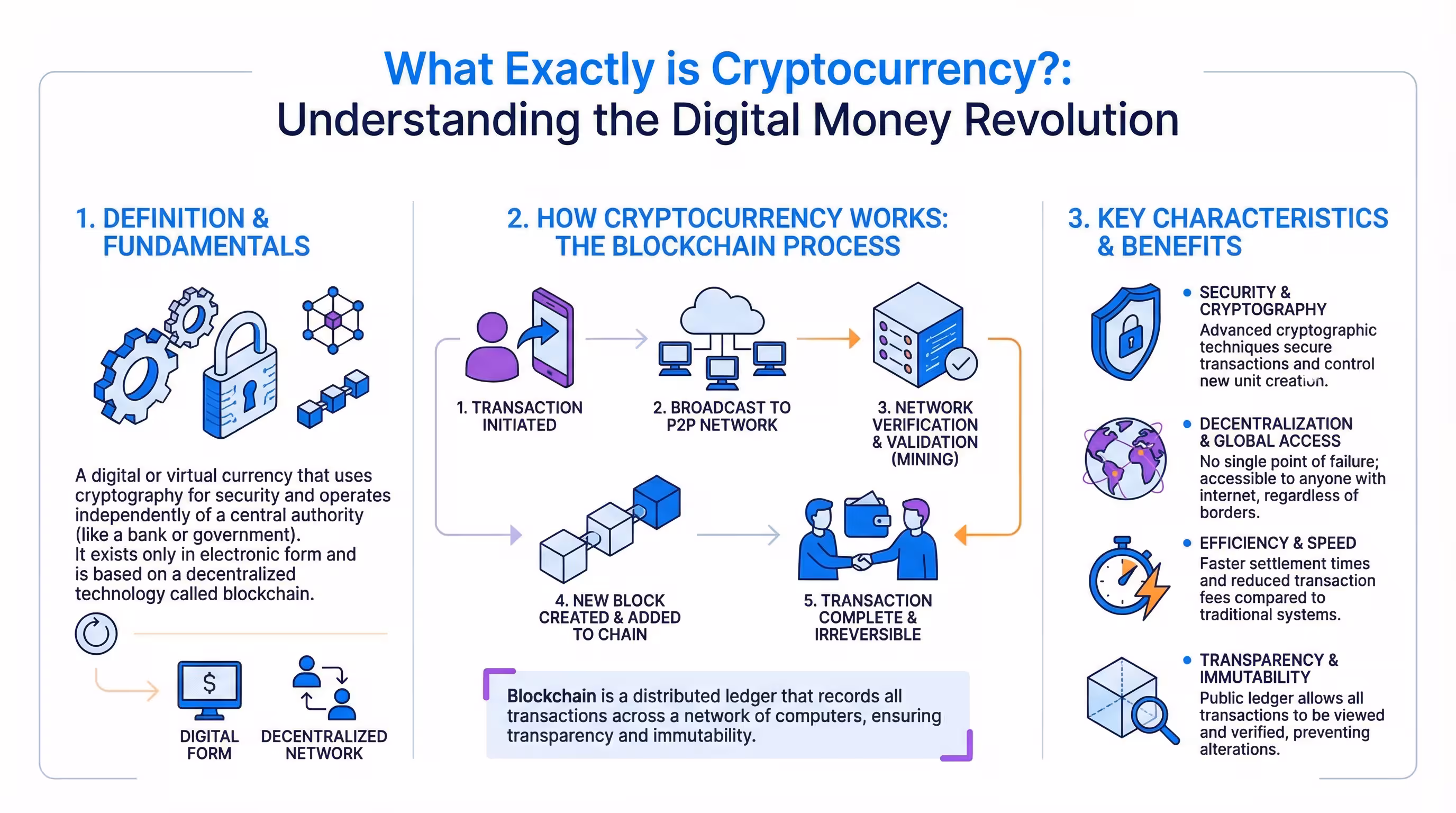 Infographic defining cryptocurrency and explaining its core concepts like digital money and decentralization