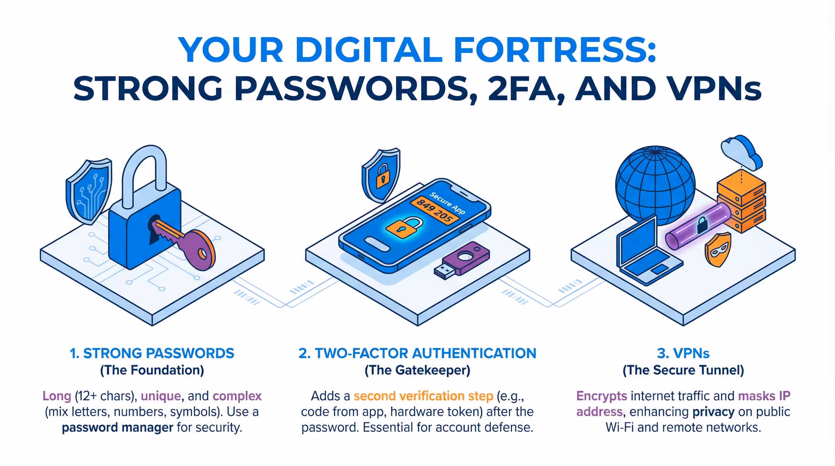 Digital Fortress: Securing your crypto with passwords, 2FA, and VPNs Infographic on building a digital fortress with strong passwords, 2FA, and VPNs